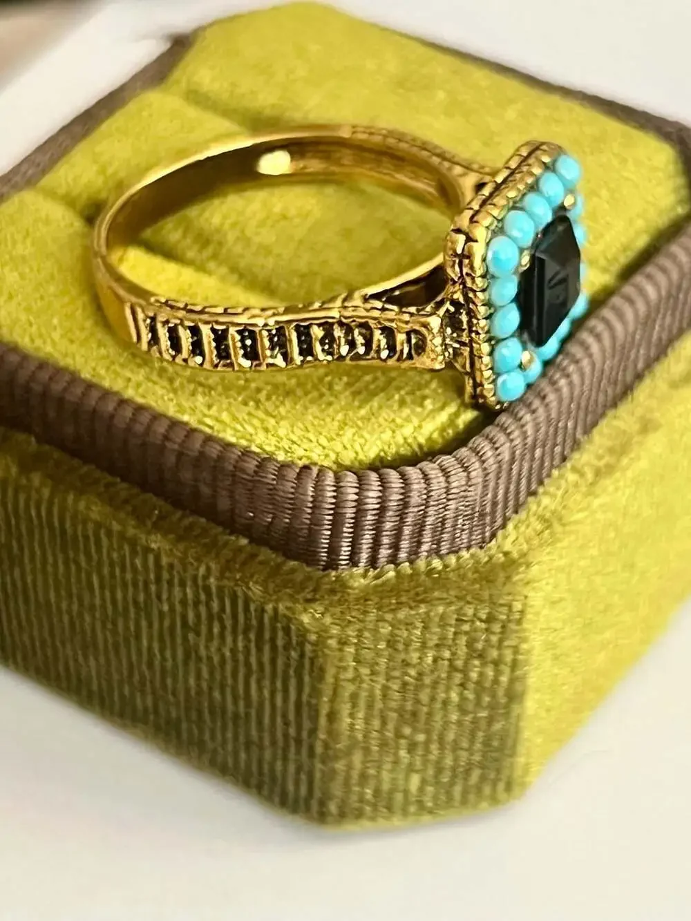 Boho Gold Ring Black Onyx Stone Turquoise Beaded Accent Size 9.5